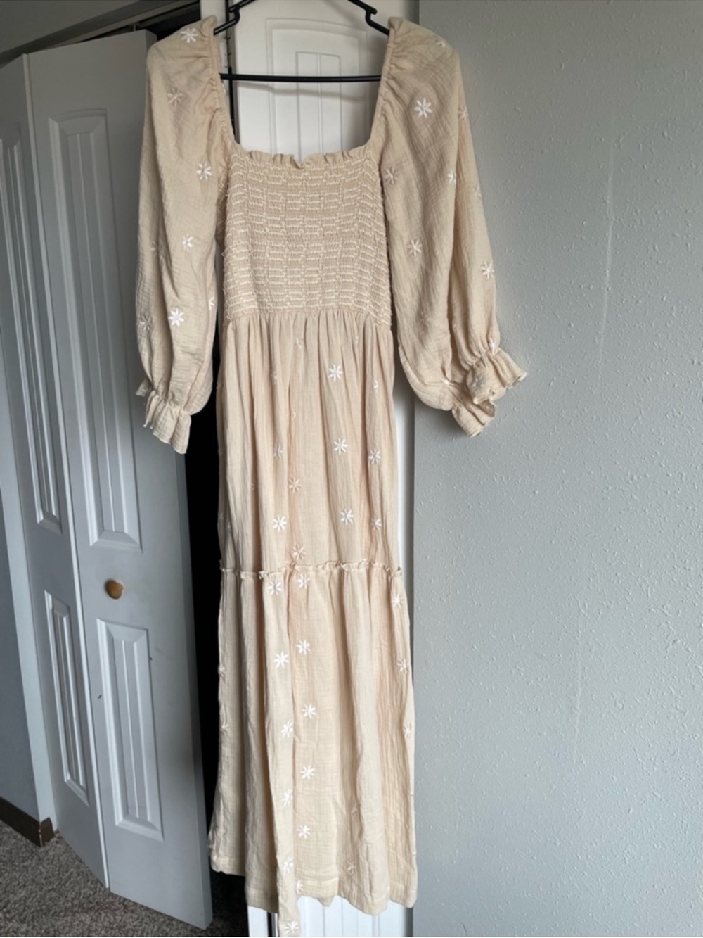 Beige Smocked Maxi Dress with Puff Sleeves